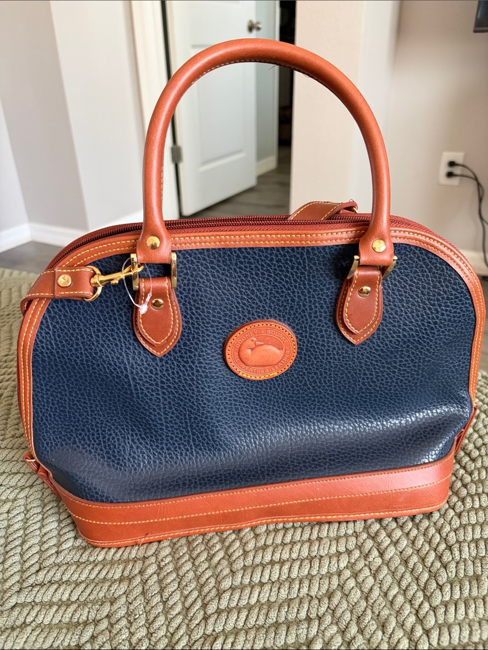 Dooney & Bourke Navy and Brown Pebbled Leather Satchel